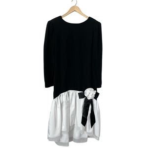 Vintage 80s Gilbert Tally NY Drop Waisted White Black Rosette Ribbon Dress M/L